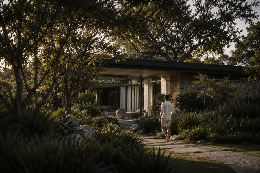 Casa contemporânea entre jardins, com paisagismo de vegetação nativa