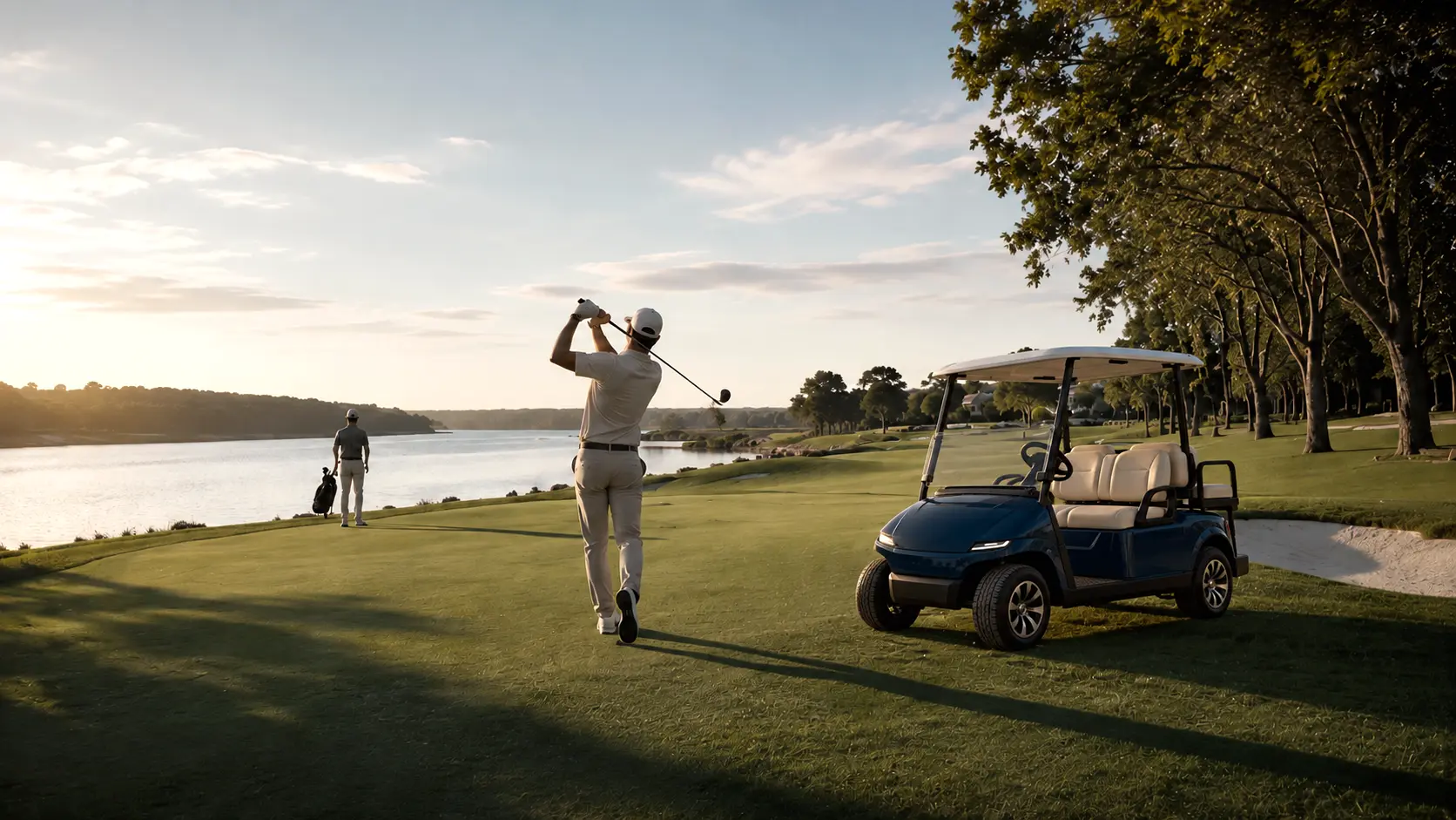 Golfista dando a tacada em campo à beira do rio, com carrinho de golfe ao lado