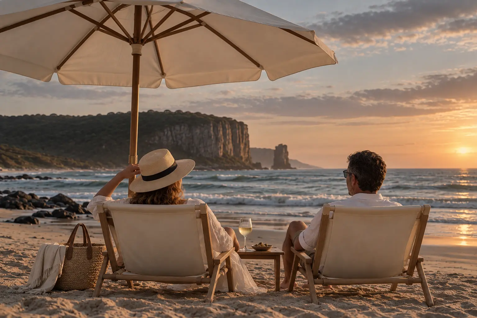 Casal em espreguiçadeiras sob guarda-sol na praia de Torres, com as falésias ao fundo